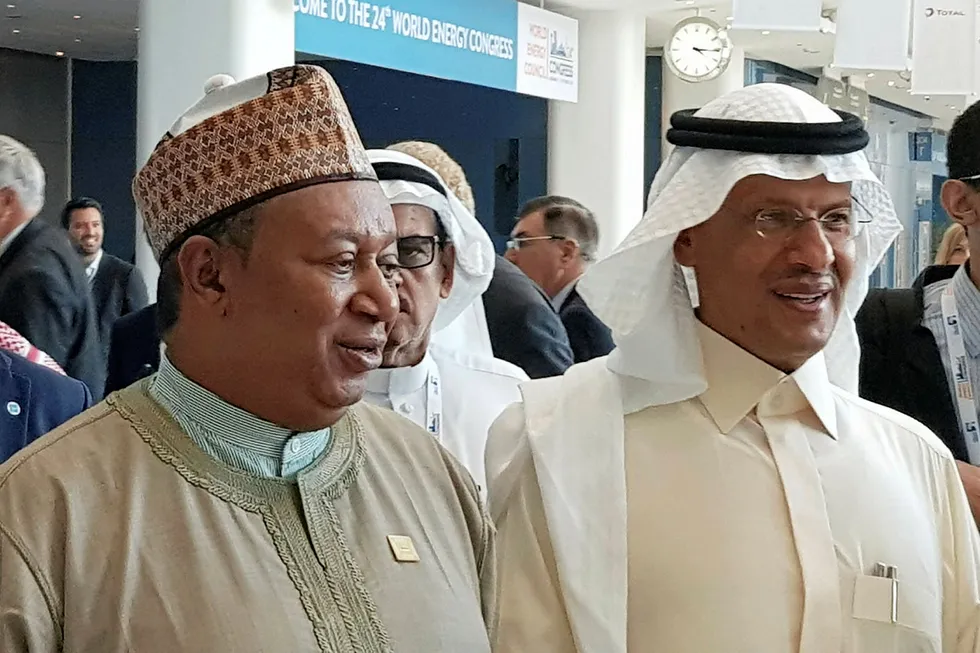 Milestone: Opec secretary general Mohammad Barkindo, left, with Saudi Energy Minister Prince Abdulaziz bin Salman