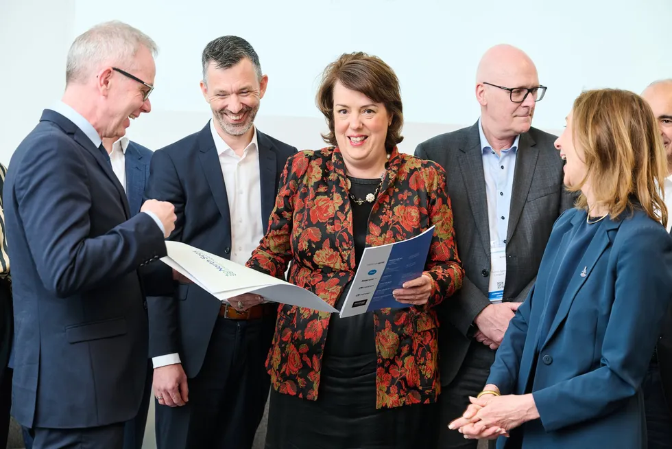 Manon van Beek, CEO of Dutch transmission system operator TenneT (C) taking part in a North Sea energy cooperation forum at Windeurope 2025