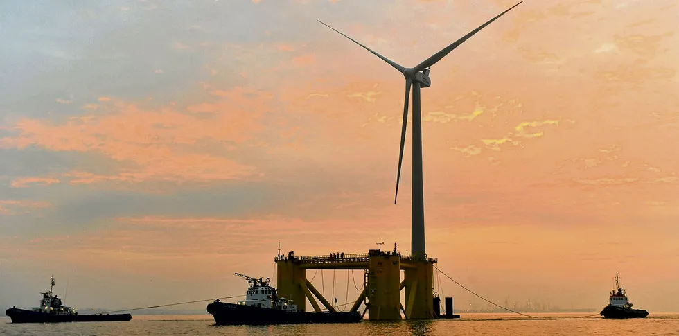 Principle Power's WindFloat1 prototype being towed to its test site off Aguçadoura, Portugal, in 2011