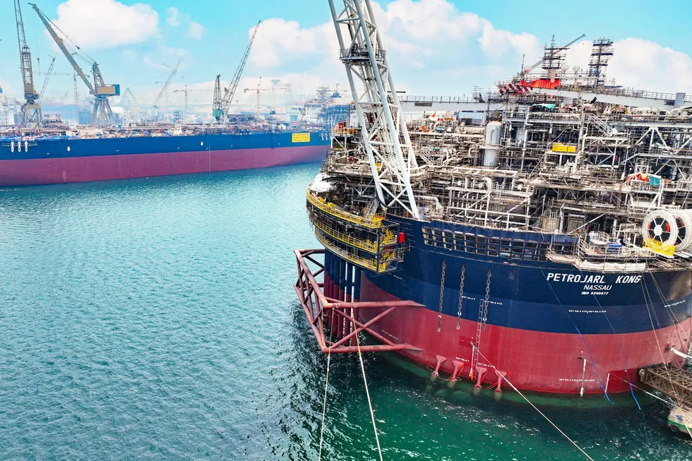 Altera Infrastructure’s Petrojarl Kong FPSO (foreground) and Yamoussoukro FSO at Drydocks World in Dubai