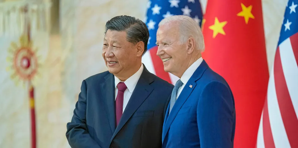 US lawmakers are urging Joe Biden to close a loophole that they say allows Russian seafood product to enter the United States via China. Pictured above: President Joe Biden with Chinese President Xi Jinping ahead of their bilateral meeting, Nov 14, 2022, at the Mulia Resort in Bali, Indonesia.