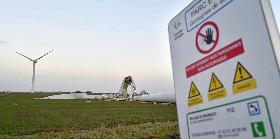 A damaged wind turbine, not produced by GE, in Bouin, western France. GCube says such incidents are rare.