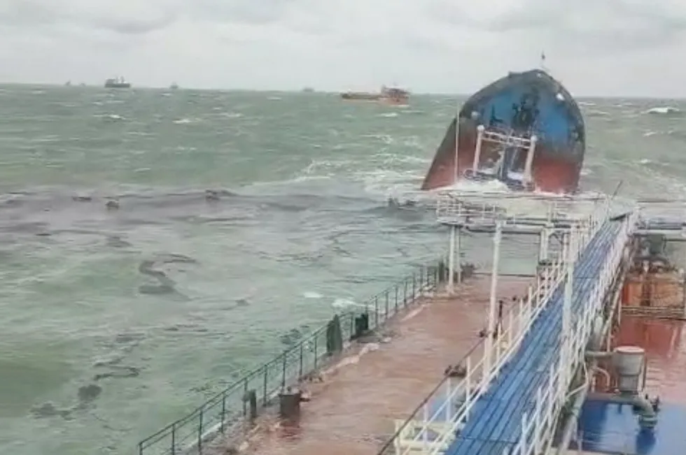 A view from the Volgoneft 239 showing the Russian tanker Volgoneft 212 sinking in the Kerch Strait on 15 December.