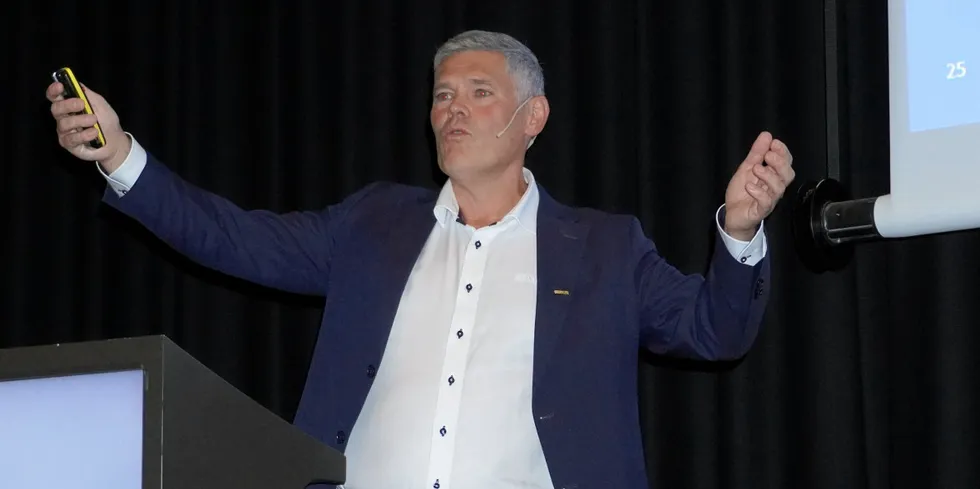 Salmar CEO Frode Arntsen has reason to cheer. The company's northern Norway division had the highest margin among major salmon farmers in the third quarter.