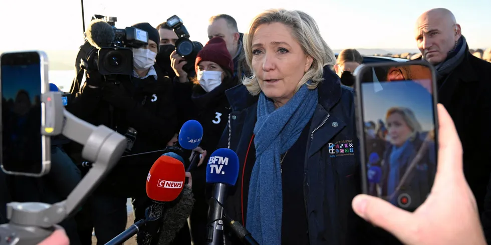 Marine Le Pen during a visit to the French coast to discuss offshore wind development.