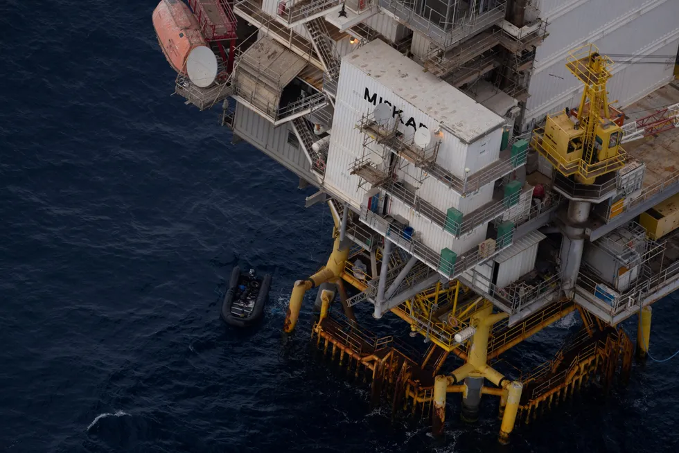 General view of an oil rig at sea off Tunisia, where more than 30 migrants including two children have been stranded for three days, according to the Sea-Watch charity.
