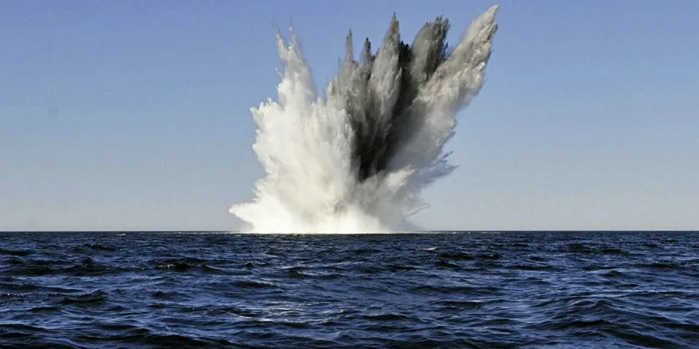 A Canadian explosive ordnance disposal team detonates a WWII German naval mine in the Baltic Sea