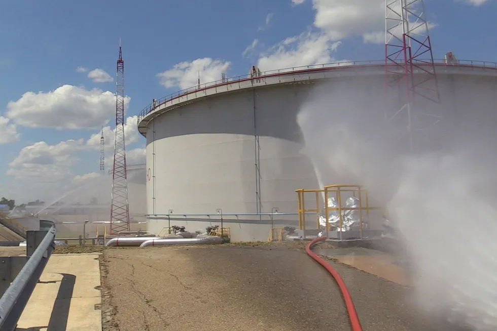 A firefighting drill at the Kropotkinskaya oil pumping facility in Russia that is operated by Caspian Pipeline Consortium
