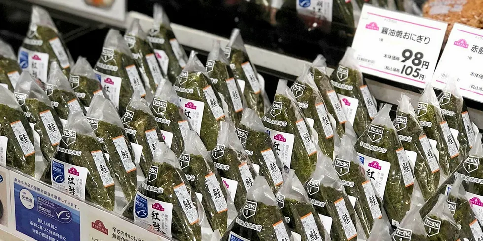 Rice balls with MSC certified sockeye salmon at an Aeon store in Chiba, Japan.