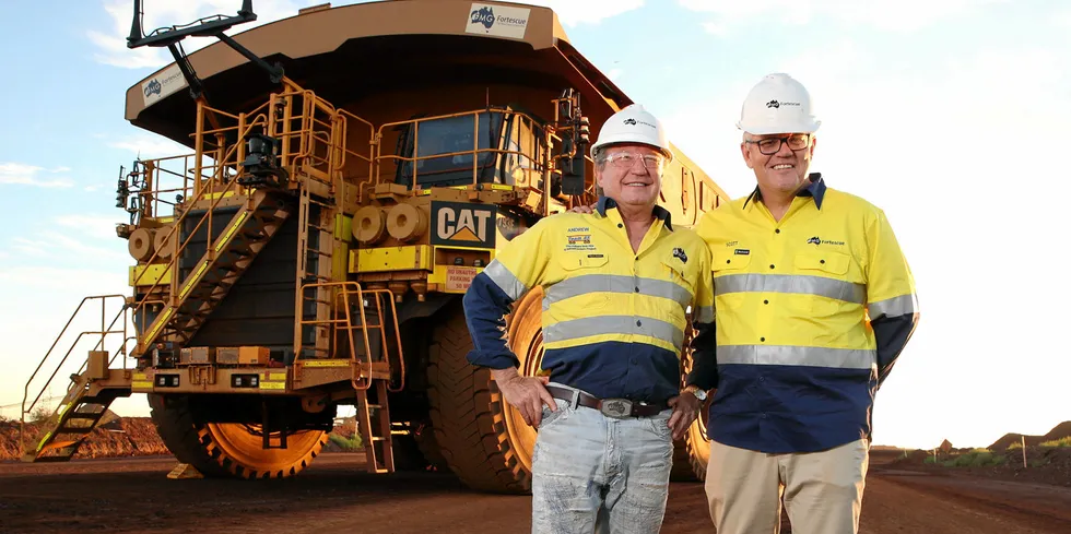 Andrew Forrest, left, with Australian prime minister Scott Morrison at a Fortescue Metals Group iron-ore mining operation in Western Australia in April.