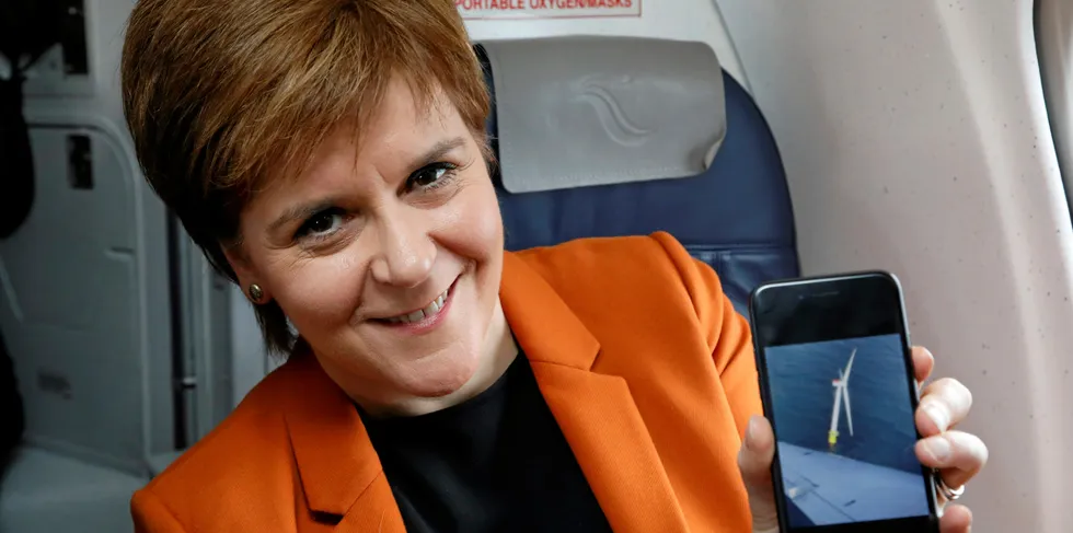 Scotland's first minister Nicola Sturgeon on a fly-over of the world's first floating wind array, Hywind Scotland, in the North Sea
