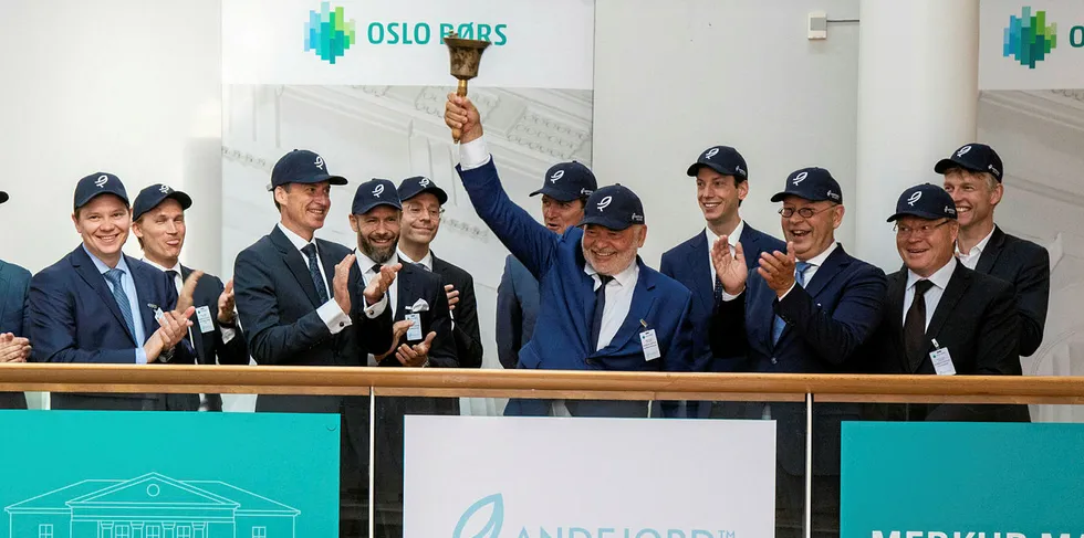 The Andfjord Salmon team rings the opening bell at the Oslo Merkur Market.