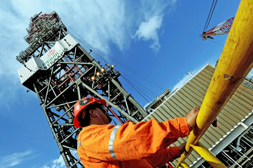 Prime find: a worker on the semisub Centenario, which is drilling at the Nobilis prospect off Mexico