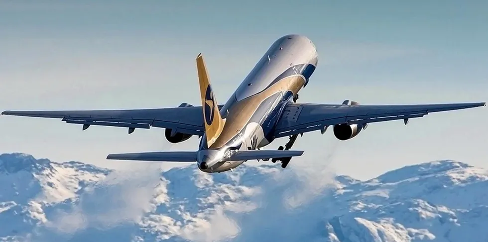 A Boeing 757-200 airplane takes flight.