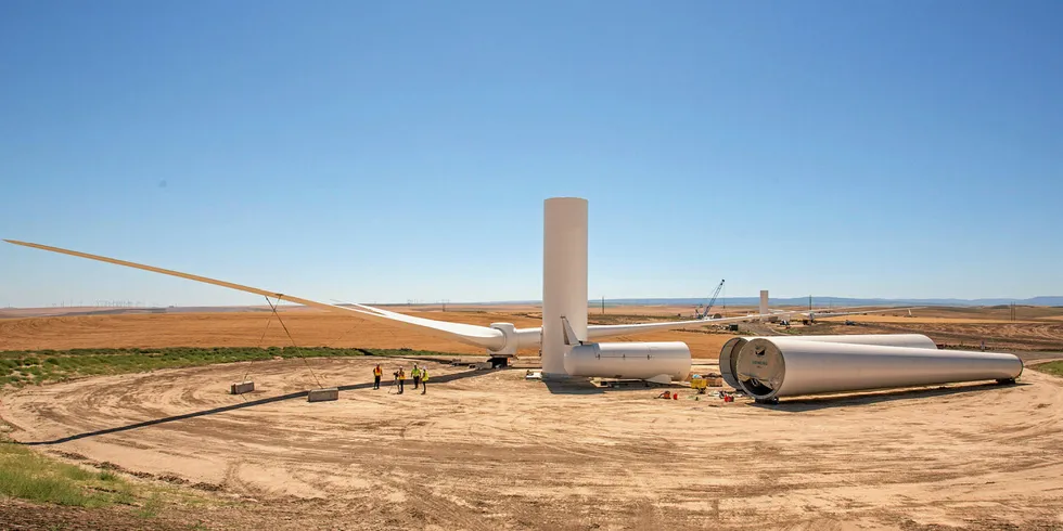 Construction of Portland General Electric's Tucannon River wind farm in Washington state.