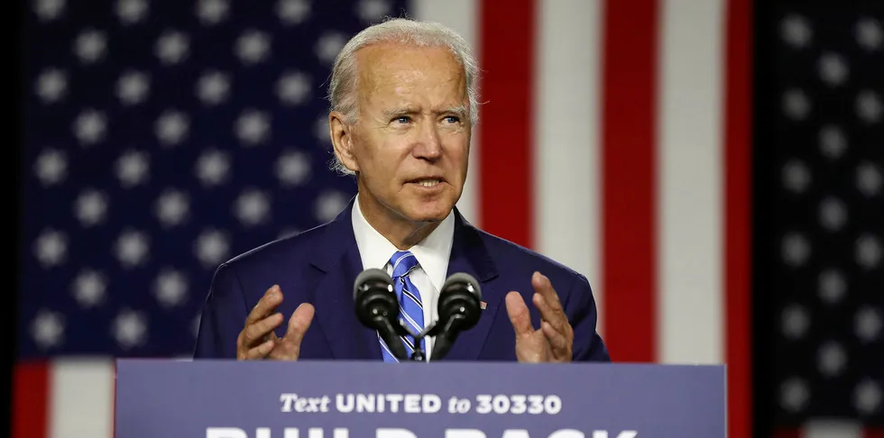 Democratic presidential candidate former Vice President Joe Biden speaks at the Chase Center July 14, 2020 in Wilmington, Delaware. Biden delivered remarks on his campaign's 'Build Back Better' clean energy economic plan.