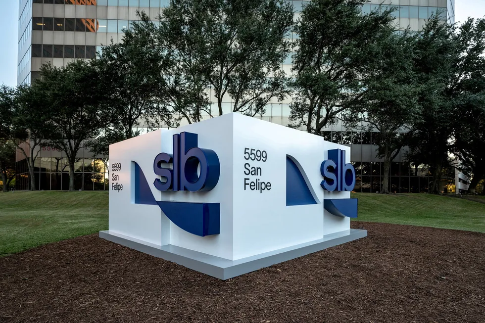 The entrance to oilfield service provider SLB's office in Houston, Texas, US.