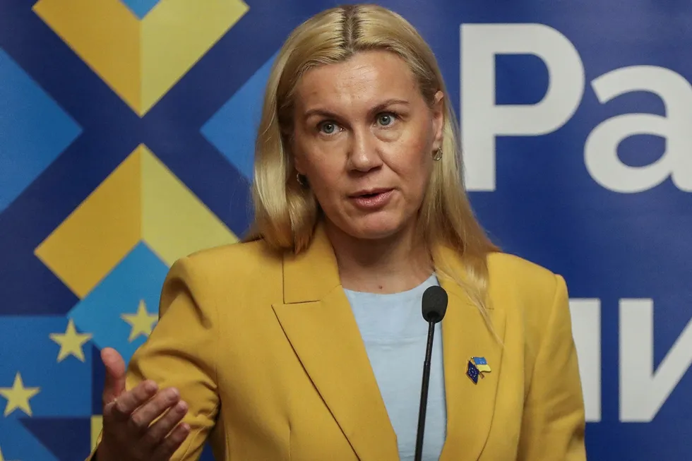 European Energy Commissioner Kadri Simson speaking in Kyiv in May 2024.