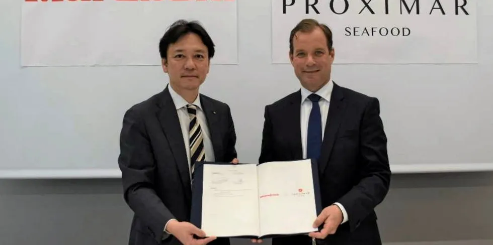 Marubeni General Manager of fresh food Kazunari Nakamura (left) with Proximar Seafood CEO Joachim Nielsen.