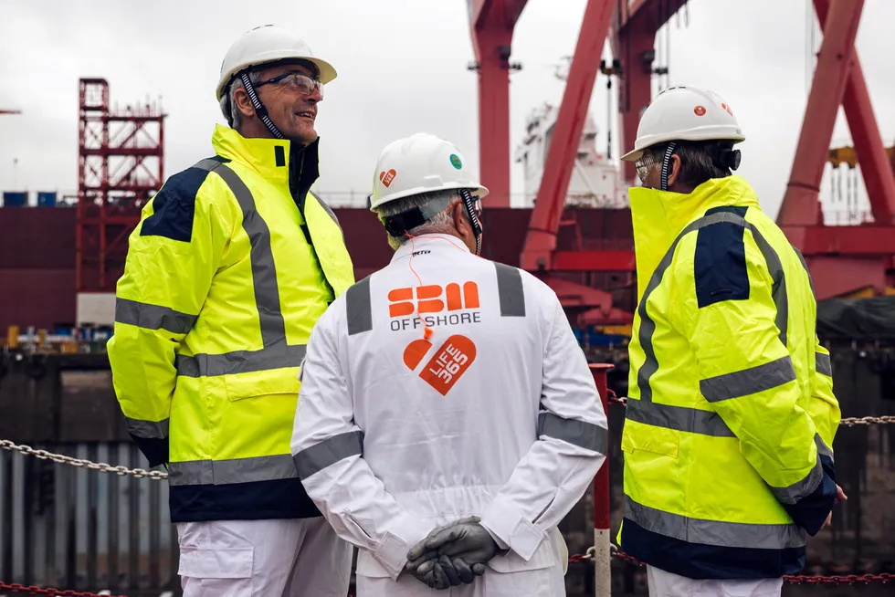 In China: SBM Offshore chief executive Bruno Chabas (left) at a keel-laying ceremony for the Liza Unity FPSO’s hull.
