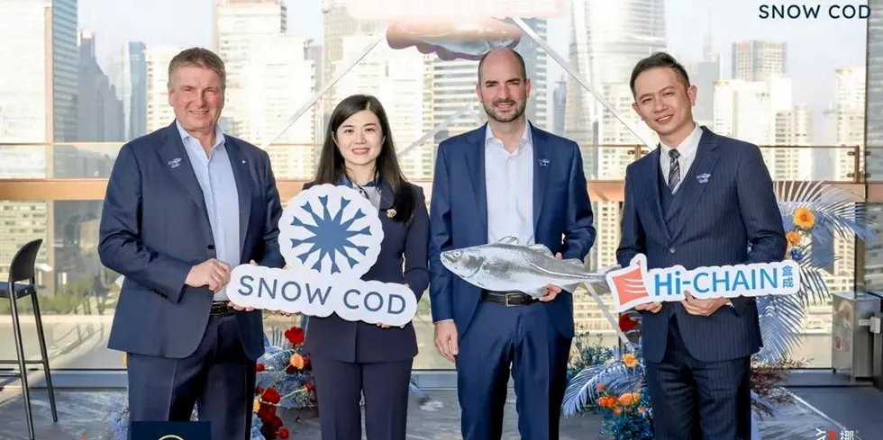 L-R: Peter Buhl, president of Sirena Group; Huang Tingting, China Manager of Sirena Group; Norcod CEO Christian Riber; and Li Zhipeng, General Manager of Shanghai Hecheng Food Co., Ltd.