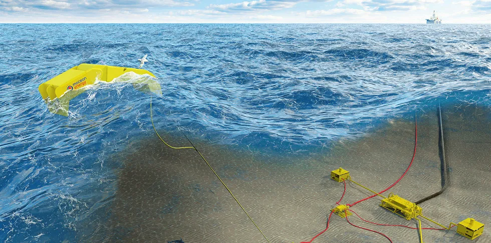 CGI of Mocean wave energy device powering a cluster of oil and gas wells connected back to the host platform by a pipeline