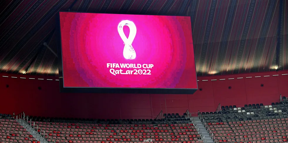 This picture shows a view of the scoreboard of Qatar's new al-Bayt Stadium in the capital Doha, which will host the 2022 FIFA World Cup.
