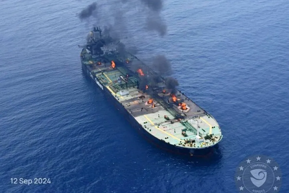 Houthi attacks caused fires on the 163,800-dwt tanker Sounion (built 2006) in the Red Sea last month.