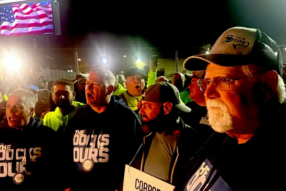 ILA President Harold Daggett (right) on the picket line on the first day of the Oct. 1 port strike.