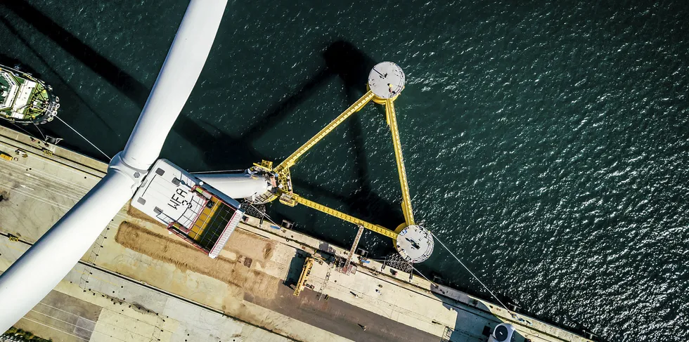 One of the trio of WindFloat floating wind turbines now installed at the WindFloat Atlantic off Portugal
