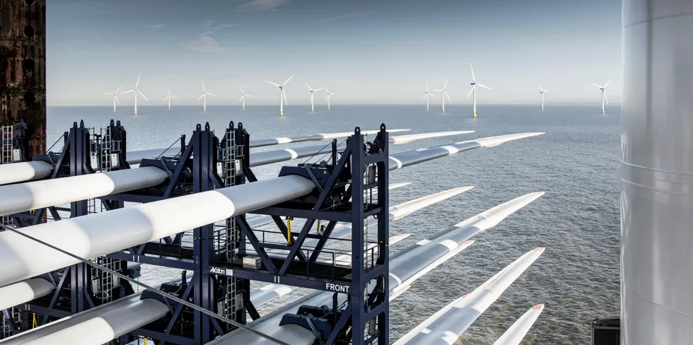 Offshore wind turbine blades racked up and ready for load-out