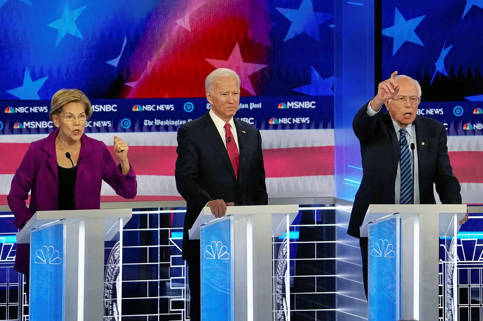 Proposing unprecedented changes: Democratic US presidential candidates Senator Elizabeth Warren, former vice president Joe Biden and Senator Bernie Sanders participate in a 2020 campaign debate in Atlanta, Georgia