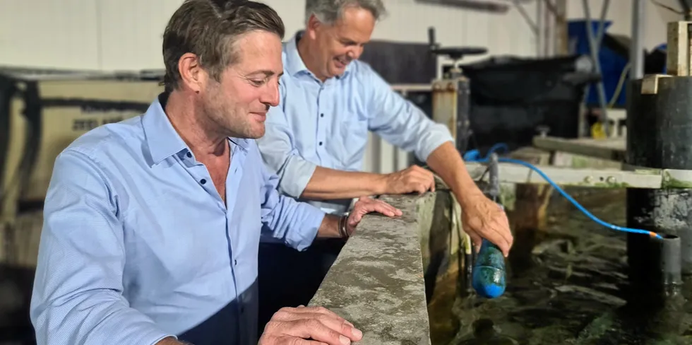 The US permit allows for the production of 8,500 metric tons of farmed kingfish from its land-based operation in Maine, but it is too early to speculate on exactly how much the company will supply to the US market, Kingfish CEO Ohad Maiman (left) said. Also pictured (right) is Chief Operating Officer Kees Kloet.