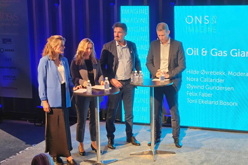 From left to right: Equinor’s Nora Callander, investor relations officer for ESG; Toril Bosoni, head of oil industry and markets division at the International Energy Agency (IEA); Oyvind Gundersen, renewable explorer at TotalEnergies; and Felix Faber, chief executive for Germany at Shell, speaking at ONS 2024 in Stavanger, Norway.