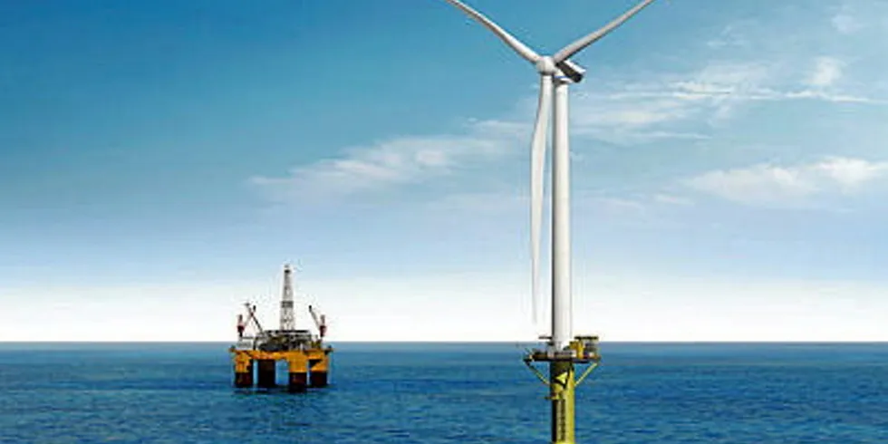 illustration of Hywind Tampen floating wind array linked to oil platform