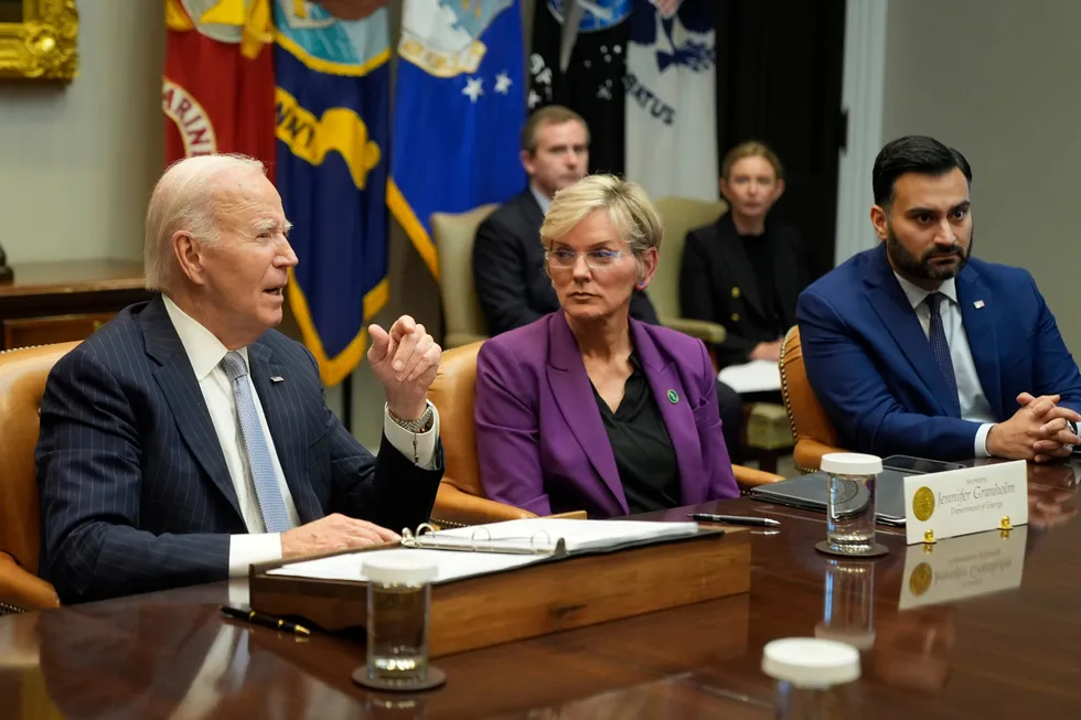 US President Joe Biden, from left, joined by Energy Secretary, Jennifer Granholm and White House climate advisor, Ali Zaidi, speaks about the federal government's response to Hurricanes Milton and Helene on 11 October 2024.
