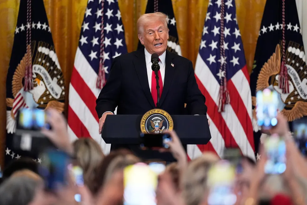 US President Donald Trump speaks at a reception celebrating Women's History Month in the East Room of the White House on Wednesday, 26 March 2025, in Washington.