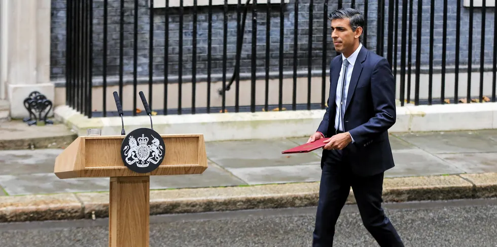 Conservative Party Leader Rishi Sunak about to address the nation in Downing Street in London after King Charles III appointed him Prime Minister.