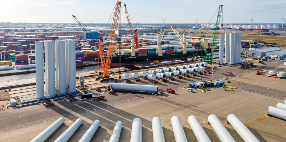 Wind turbine parts at the Port of Amsterdam.