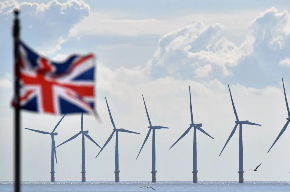 Gunfleet Sands offshore wind farm's turbines off Clacton-On-Sea, England.