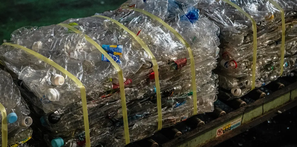 Bales of crushed plastic waste in Tokyo desitined for recycling or incineration.