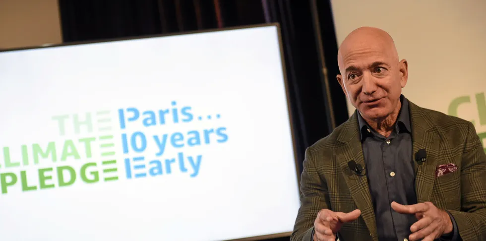Amazon Founder and CEO Jeff Bezos speaks to the media on the company's sustainability efforts.