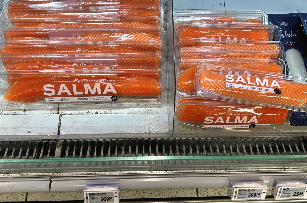 Salmon on the counter at a Meny store in Bergen, Norway.