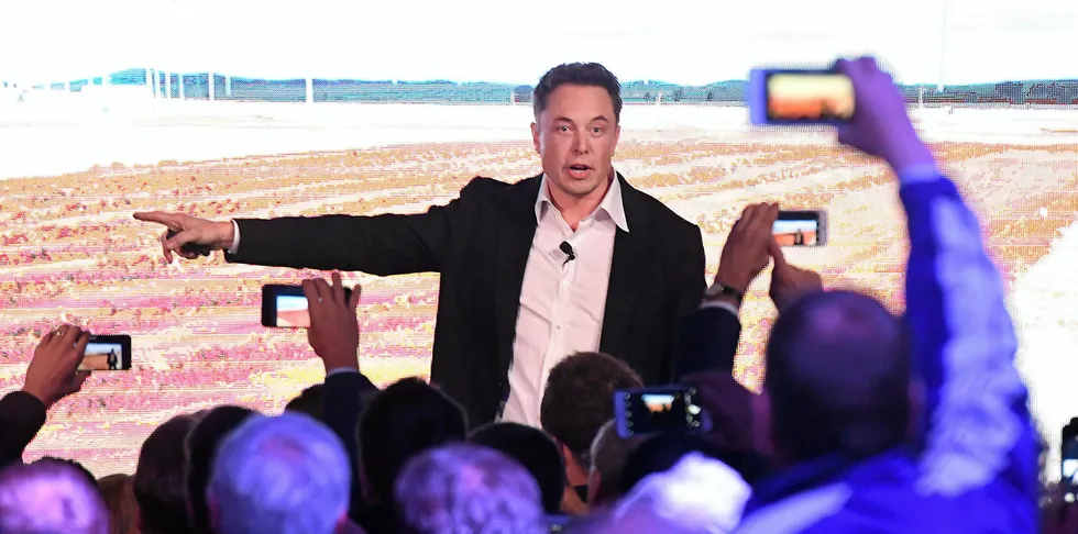 Elon Musk during his presenation at the Tesla Powerpack Launch Event at Hornsdale Wind Farm on September 29, 2017 in Adelaide, Australia. The project was prompted by the blackout.