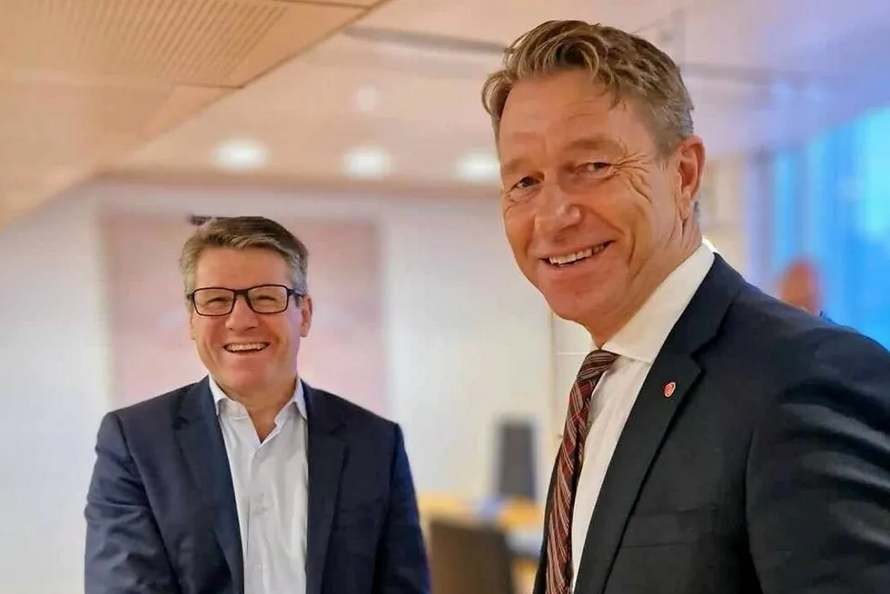 Pushing into the Barents Sea: Vaar Energi chief executive Nick Walker (left) and Norway’s Energy Minister Terje Aasland (right).