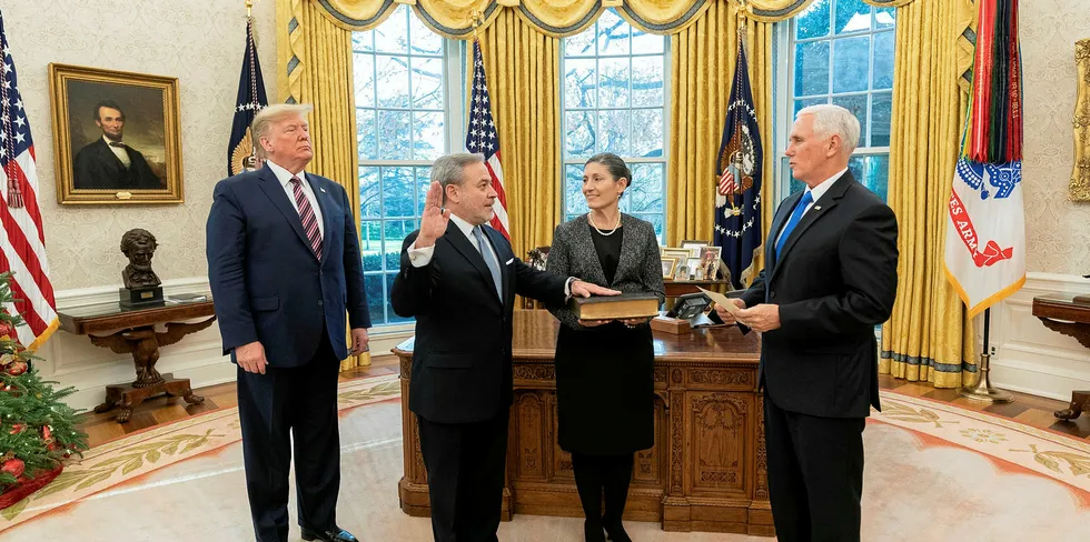 Dan Brouillette sworn in as US energy secretary. President Donald Trump is to his left.
