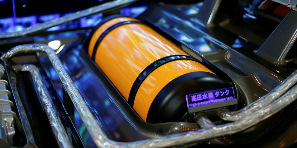 A pressurised hydrogen cylinder inside a Toyota Mirai fuel-cell electric car at a company showroom in Tokyo