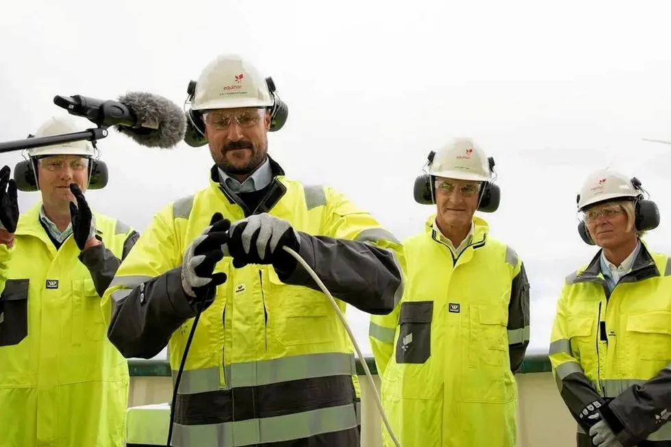 Connected: Crown Prince Haakon of Norway at the official opening of the Hywind Tampen wind farm. On the right, Prime Minister Jonas Gahr Store and Equinor’s vice president for renewables in Norway, Siri Espedal Kindem