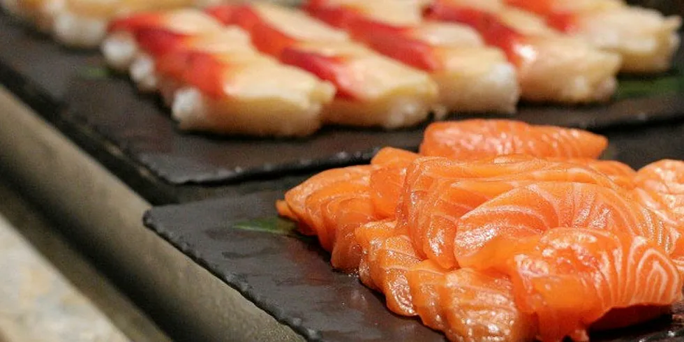 Salmon sushi in Japan.