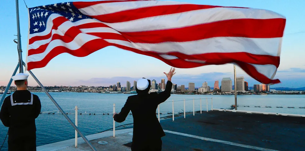 The US flag onboard the aircraft carrier USS Ronald Reagan off California